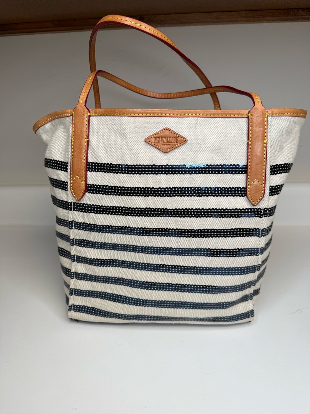 MZ Wallace Navy and White Striped Canvas Tote with Tan Leather Trim